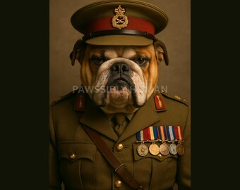 British Army Bulldog Officer Portrait – Funny Military Dog Wall Art – Digital Download Print