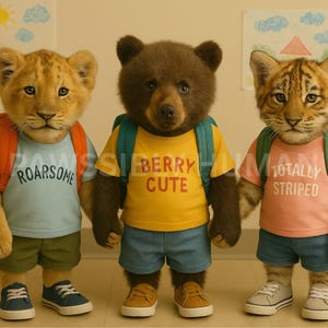 Könnte beinhalten: Drei Tierfreunde tragen Rucksäcke und T-Shirts mit verschiedenen Sprüchen. Ein Löwenjunges trägt ein blaues Shirt mit dem Aufdruck "Roar-some", ein Braunbärjunges trägt ein gelbes Shirt mit dem Aufdruck "Berry Cute" und ein Tigerjunges trägt ein rosa Shirt mit dem Aufdruck "Totally Striped".
