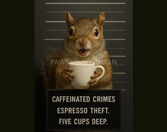 Caffeinated Crimes – Funny Squirrel Mugshot Print (Digital Download)