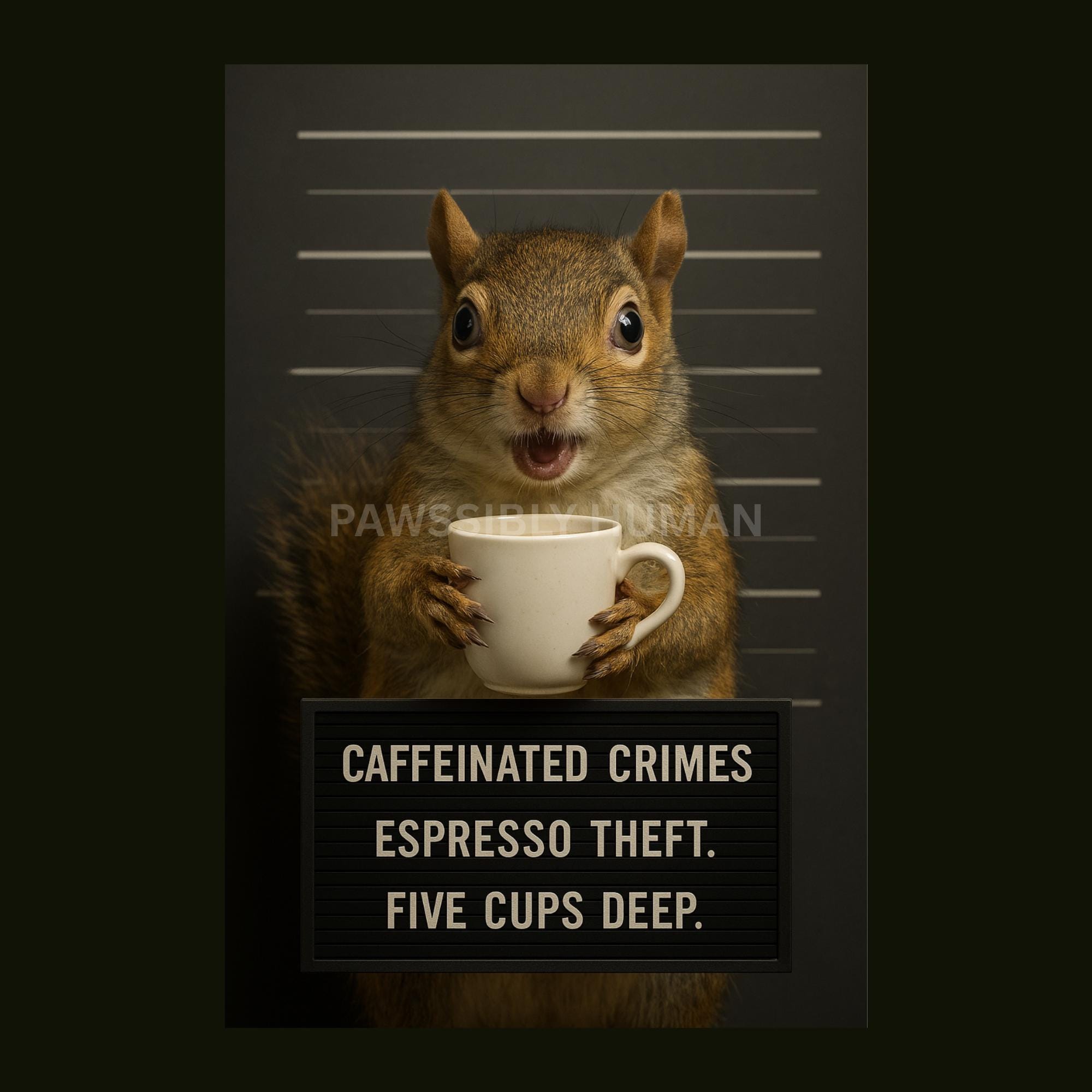 Caffeinated Crimes – Funny Squirrel Mugshot Print (digital