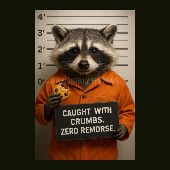 パンくずで捕まる – 面白いアライグマのマグショットプリント