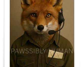 Tactical Fox Military Communicator Portrait | Funny Animal Wall Art Print (Unframed Poster)