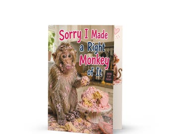 Funny Monkey Apology Card, Messy Cake, Humorous Greeting (5x7")