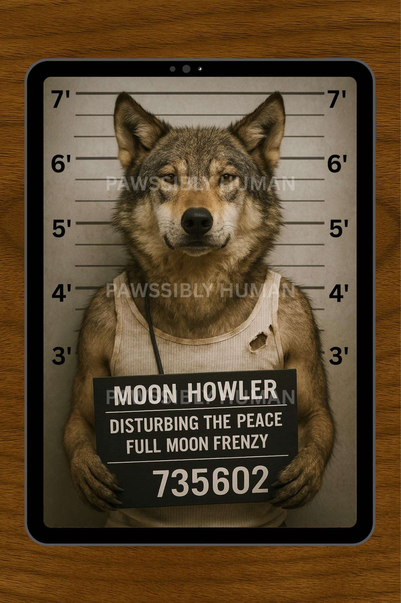 ムーンハウラー – 面白いオオカミのマグショットプリント（デジタル