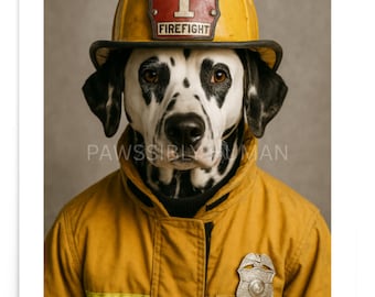 Firefighter Pup Dalmatian Firefighter Portrait | Funny Animal Wall Art Print (Unframed Poster)