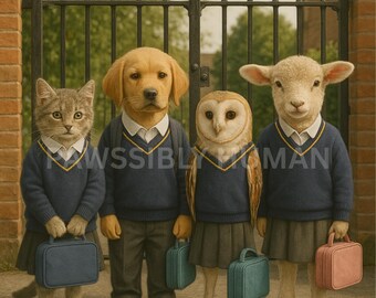 Animals in School Uniform Art Print: Whimsical Nursery Decor (Digital Download)