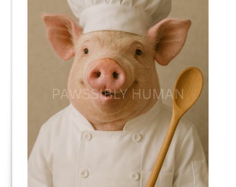 Chef Pig Portrait Print | Funny Kitchen Decor, Animal Wall Art (Unframed Poster)