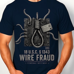 Può includere: T-shirt blu navy con un design grafico che presenta un cappio, un circuito stampato e il testo "18 U.S.C. § 1343 WIRE FRAUD - FEDERAL OFFENSE". Il design include un'etichetta con la scritta "EVIDENCE WIRE FRAUD".