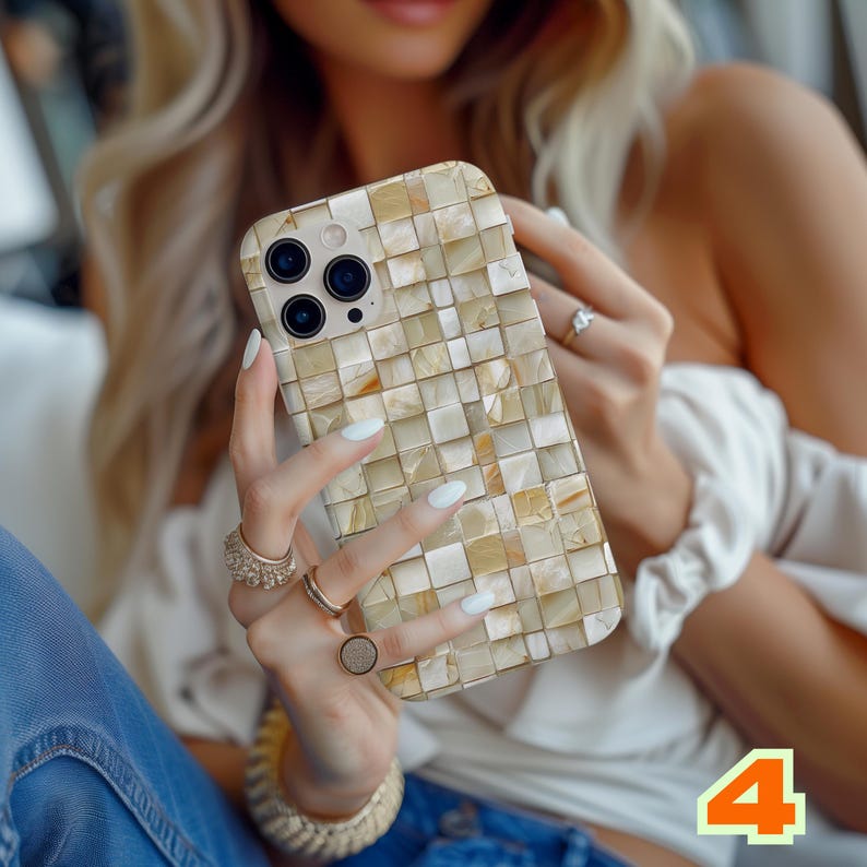 May include: A smartphone case with a mosaic tile design in shades of beige and cream. The case has a square pattern and a camera cutout. The number "4" is in the bottom right corner.