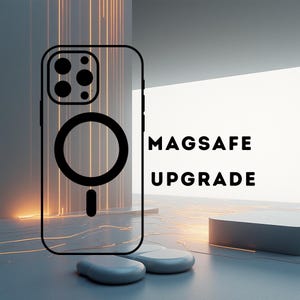 Könnte beinhalten: Eine transparente Handyhülle mit schwarzem MagSafe-Design, mit einem kreisförmigen Magneten und einem vertikalen Balken. Die Worte "MAGSAFE UPGRADE" sind in schwarzer Schrift dargestellt. Zwei ovale, hellfarbige Objekte befinden sich unten.