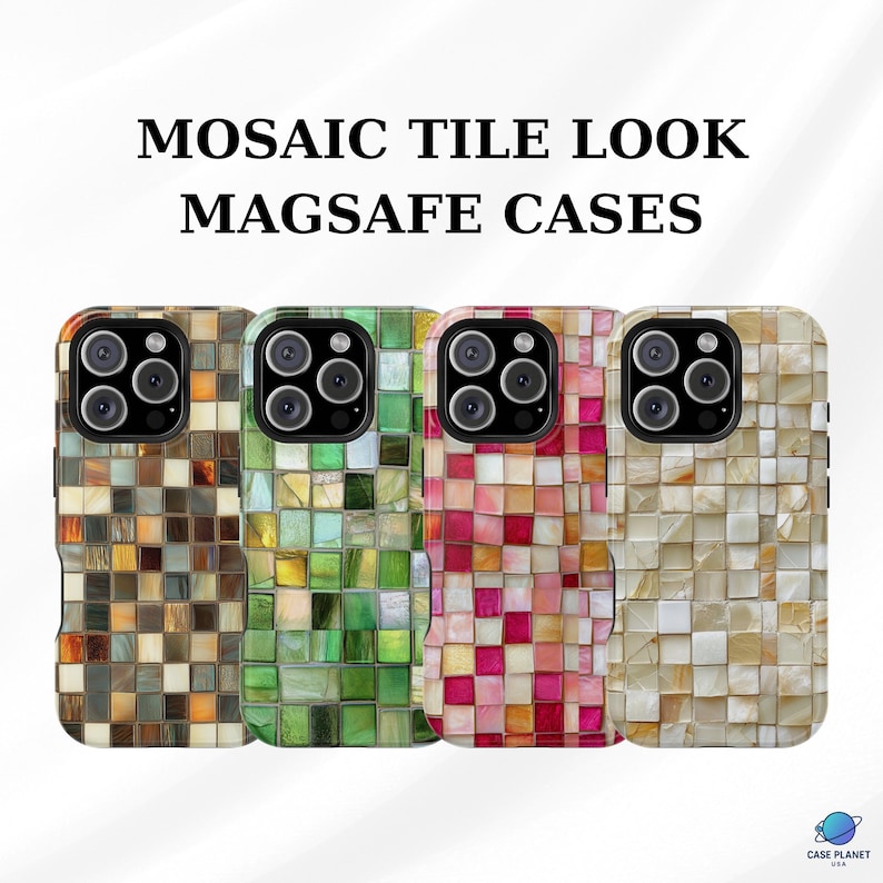 four iPhone MagSafe cases with a mosaic tile look. The cases feature a square tile pattern in various colors. The colors include green, pink, and cream. The cases have a camera cutout and the words 'MOSAIC TILE LOOK MAGSAFE CASES' are displayed at the top.