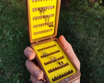 Caja delgada de nogal para pesca con mosca - Estuche doble de espuma para guardar moscas de trucha