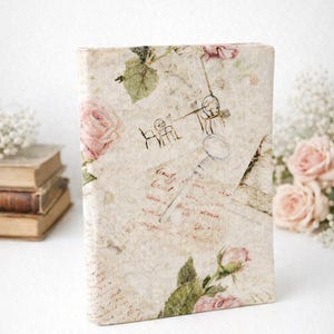 Handmade Fabric Book Cover – Celestial Padded Book Sleeve with Button – Roses, Vintage Journal Protector