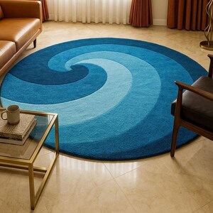 Blue Swirl Round Rug, Nautical Ocean Wave Area Rug, Gradient Teal Circular Carpet, Modern Coastal Home Decor Abstract Spiral Living Room Rug