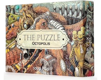 Peut inclure: Une boîte rectangulaire pour un puzzle de 1000 pièces intitulé The Puzzle Octopolis. La boîte présente une illustration détaillée d'une grande pieuvre intégrée dans un paysage industriel avec des cheminées et un personnage au chapeau haut-de-forme jaune.