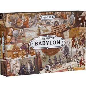 May include: A rectangular jigsaw puzzle box titled The Puzzle Babylon, featuring a 1000 pieces count. The box art displays a complex, multi-layered historical illustration with figures, a wooden ship, and architectural elements in muted brown tones.