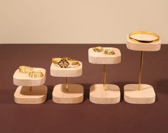 Brass Jewelry Display Stand: Beechwood Earring, Ring & Bracelet Holder