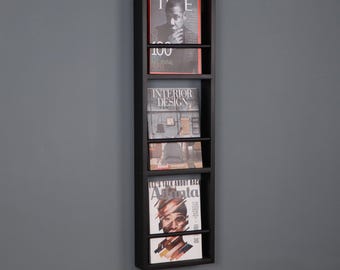 Black Wooden Wall Magazine Rack, 3-Pocket Book and Magazine Organizer