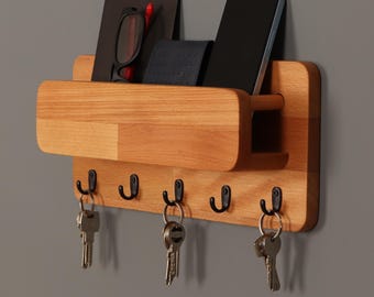 Wooden Key Hook Entryway Organizer: Wall Mount Mail Holder