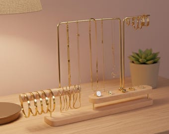 Wood and Brass Jewelry Stand, Necklace Holder, Earring Organizer, Personalized Gift
