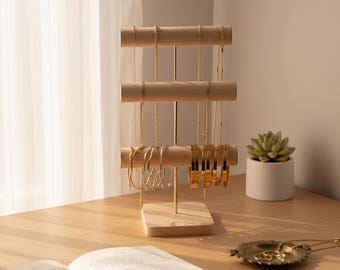 Minimalist Wood and Brass Jewelry Stand, Necklace and Bracelet Organizer