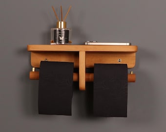 Toilettenpapierhalter mit Ablage aus Holz, Doppelrolle Toilettenpapierhalter, Modernes Baddekor