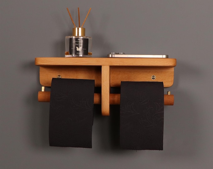 Featured listing image: Wooden Toilet Paper Holder with Shelf, Double Roll Bathroom Tissue Dispenser, Modern Bath Decor