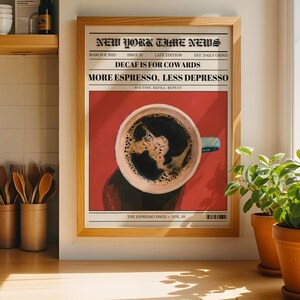コーヒーバーポスター、More Espresso Less Depresso ビストロポスタープリント、レトロなキッチンウォールアート、コーヒー愛好家へのギフト、デジタルダウンロード