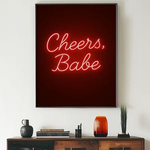 Cheers Bar Cart Print, Neon Sign Style, Czerwony plakat z cytatem, Retro Dorm Room Decor, Nowoczesna sztuka ścienna do kuchni, Pobieranie cyfrowe