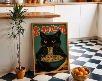 Black Cat Poster: Ramen Poster, Japanese Wall Art, Retro Kitchen Decor (Digital Download)