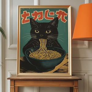 Japanese Black Cat Poster, Cat Eating Ramen Art, Lucky Black Cat, Funny Kitchen Prints, Japanese Posters, Ramen Noodle Wall Art