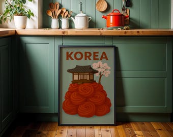 Korea Travel Poster: Cherry Blossom Art, Retro Kitchen Decor (Matte Print)