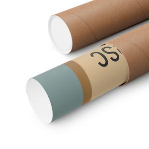 Close-up of ESC keyboard art poster rolled in kraft tube, modern digital print with retro tones for minimal wall decor.