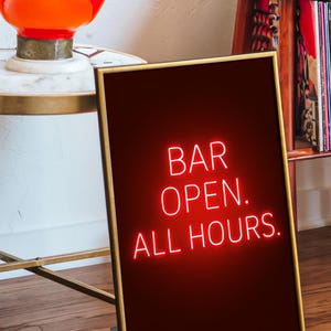 Dekoracja wózka barowego, czerwony plakat „Bar otwarty całą dobę”, wydruk retro eklektyczny, sztuka ścienna do baru kuchennego, pobieranie cyfrowe