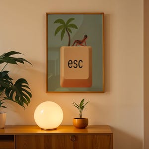 Framed escape poster styled on wooden cabinet with round glowing lamp and mid-century plants – cozy retro interior.