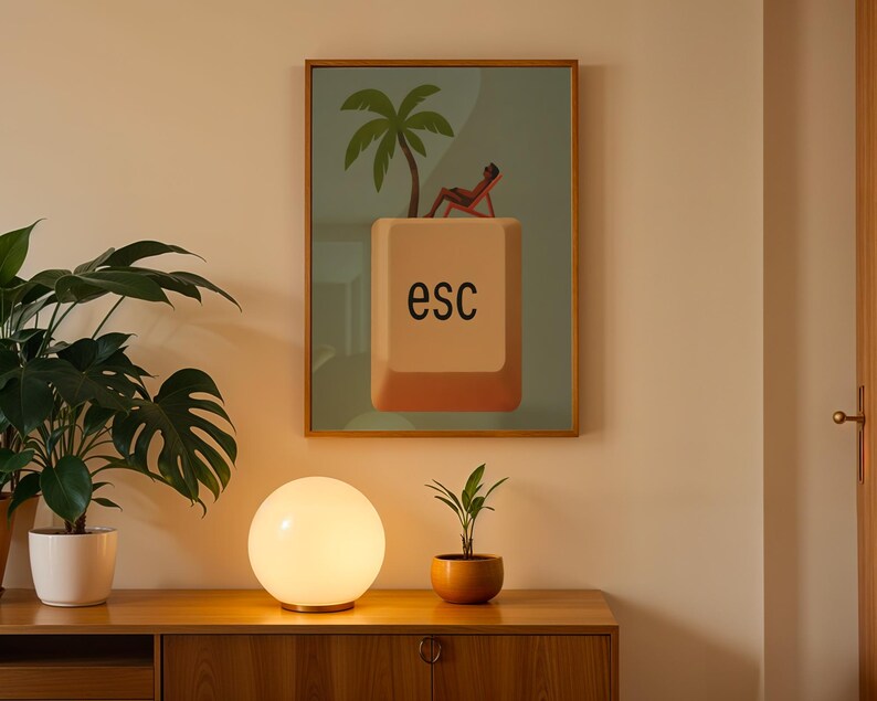 Framed escape poster styled on wooden cabinet with round glowing lamp and mid-century plants – cozy retro interior.