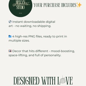 Minimalist printable wall art purchase guide showing what’s included — instant downloadable digital files, 4 high-resolution PNG sizes, and decor details from Nelly’s Digital Studio.