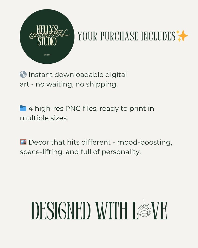 Minimalist printable wall art purchase guide showing what’s included — instant downloadable digital files, 4 high-resolution PNG sizes, and decor details from Nelly’s Digital Studio.