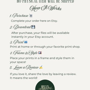 Step-by-step printable wall art instructions explaining how to purchase, download, print, frame, and review digital products from Nelly’s Digital Studio.