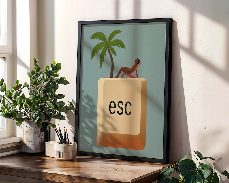 Escape poster in black frame on wood desk with indoor plants and natural sunlight – minimal modern wall decor.