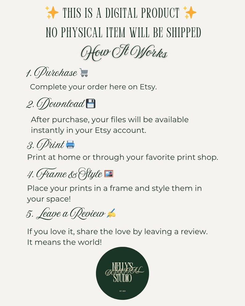 Step-by-step printable wall art instructions explaining how to purchase, download, print, frame, and review digital products from Nelly’s Digital Studio.