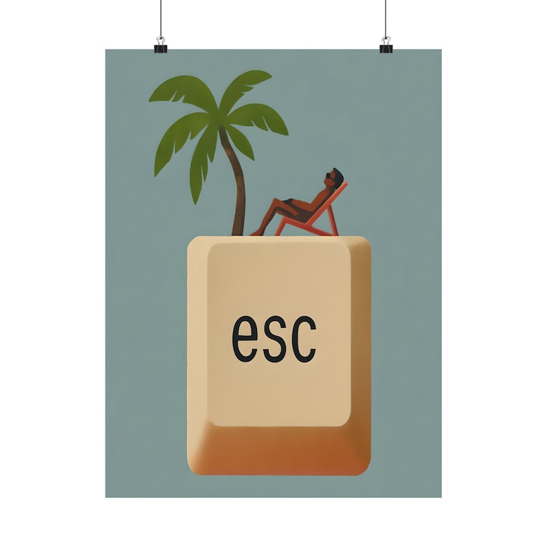 Close-up of digital escape key poster with palm tree and sun lounger illustration – retro tropical wall print.