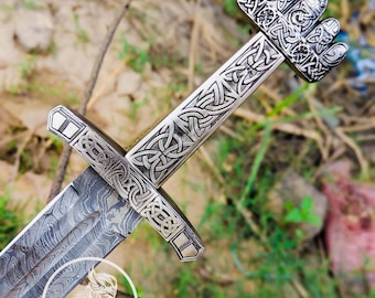 Hand-Forged Damascus Steel Viking Sword, Full Tang Medieval Blade