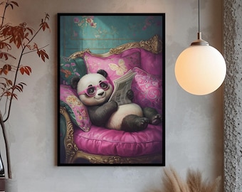 Panda Wall Art Print, Cute Funny Animal Poster, Reading Panda Decor, Trendy Fancy Farmhouse Panda Wall Art, Quirky Animal, No Frame Included