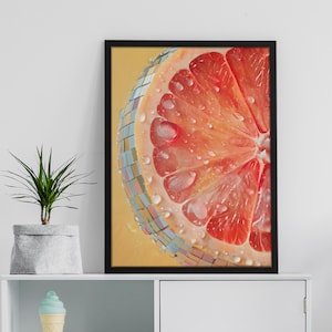 Disco Grapefruit Kunstdruck - Glam Disco Ball Orangen & Grapefruit, Preppy Dopamin Küchen Dekor, funkelnde trendige Obst druckbare Wandkunst