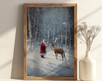 Vintage Santa Claus Print - Nostalgic North Christmas Wall Art Print, Snowy Forest Reindeer Holiday Print, Cottagecore Christmas Decor