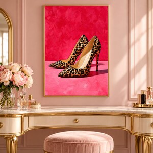 Pink Leopard Heels Art Print - Trendy Designer Shoe Poster, Girly Fashion Bedroom Decor, Luxury Cheetah Heels Print