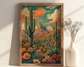 Western Arizona Cactus Poster - Desert Arizona Travel Cactus Art Print, Vintage Arizona Decor, Retro Wall Art Southwestern Bohemian Decor
