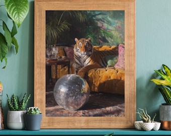 Luxury Tiger Disco Ball Wall Art Print - Exotic Animal Poster, Maximalist Jungle Decor, Vintage Style Interior Art, Statement Wall Art