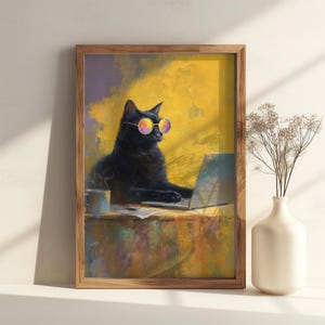 May include: A framed art print depicting a black cat wearing rainbow-tinted glasses, using a laptop. A coffee cup and papers are on the desk. The background is yellow and purple, within a wooden frame.